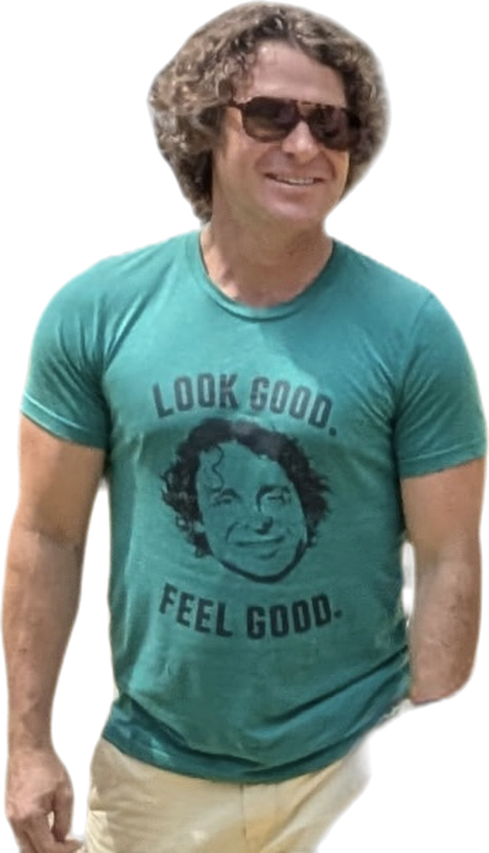 Seth Stapleton wearing the teal Look Good Feel Good shirt